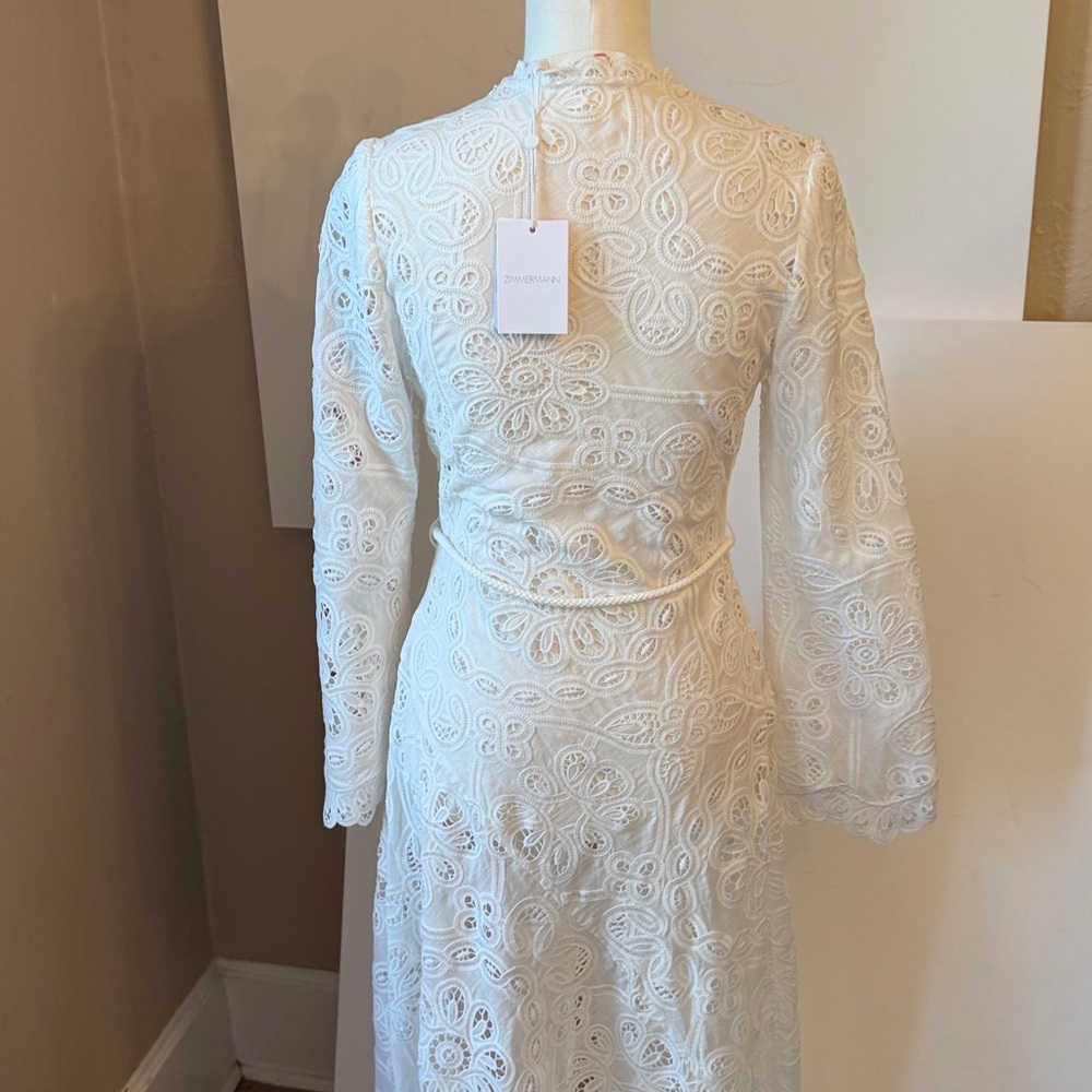 Zimmermann White Long-Sleeve Eyelet Lace Midi Dress - Picture 9 of 15